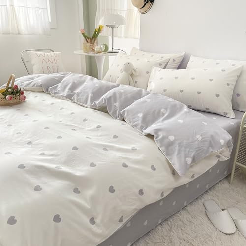 Freyamy Bettwäsche 135x200cm 2teilig Weiß Grau Herz Mädchen Bettwaren-Sets Romantisch Liebe Wendebettwäsche 100% Microfaser Liebesmotiv Bettbezug mit Reißverschluss und Kissenbezug 80x80cm