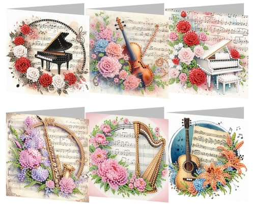 Generish Diamant Malerei Grußkarte, 6 Stück Musikinstrument Blumen Wasser Diamond Painting Geburtstag Karte, Diamant Malerei Strass Kits für Weihnachten Lehrertag Muttertag Erntedankfest