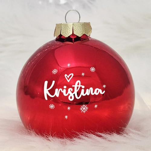 Personalisierte Weihnachtskugel aus Echtglas, 8 cm mit Deinem Namen & Wunschmotiv (01_Rot, Name & Herz)