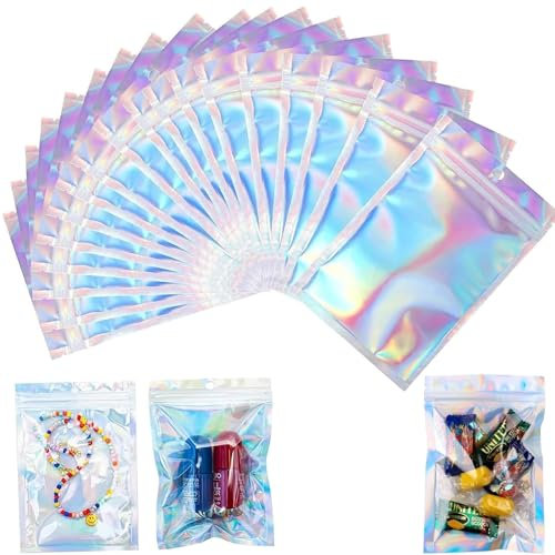 40pcs Holographic Mylar Ziplock Bags - Resealable Smell Proof Metallic Foil Pouches for Candy, Cookies, Party, Jewelry - Small Goodie Packaging