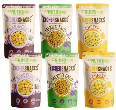 Kichererbsen Snacks: Knusprige Kicher Erbsen Chips aus köstlich gewürztem Kichererbsen Mehl – 3 Sorten Kichersnacks – Salzige Snacks Vegan von NutriPur 6x100g