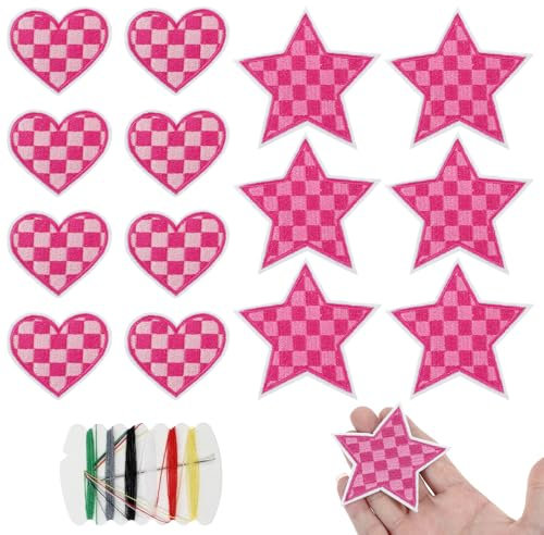 14 PCS Pink Star Patches for Clothing, Pink Checkered Iron-on Stars Hearts, Embroidery Patches for Clothing Jeans Hats Dress Decorative