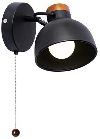 Aisilan Wandlampe mit Schalter Schwarz Vintage Wandleuchte Innen mit Schalter aus Holz und Metall mit Zugschalter, E14 Fassung, Leselapme Wand Schwenkbar für Schlafzimmer, Ohne Glühbirne