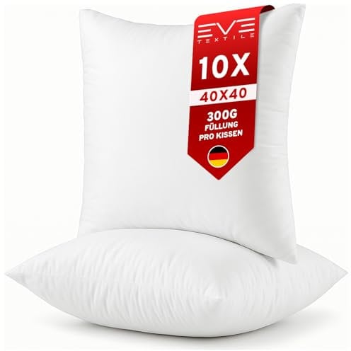 EVE Textile® 10er Set Kissen 40x40 cm Kopfkissen Öko-Tex 100 Füllkissen Innenkissen; Dekokissen Sofakissen Kisseninlett, Allergiker Bettkissen, Schlafkissen Atmungsaktiv, 60° Waschbar, Reißverschluss
