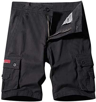 Generisch Pantaloncini sportivi da uomo, in tinta unita, casual, bermuda, pantaloncini cargo per il tempo libero, con chiusura lampo, pantaloncini semplici in cotone con tasche multiple, Nero , XL