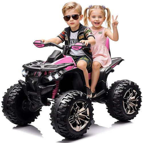JOYRACER 24V 2 Seater Ride On Toys for Big Kids, 4X4 Kids ATV 4 Wheeler w/800W Motors, 9AH Battery Powered Car w/Remote Control, Knee Pads, Bluetooth, Spring Suspension, Electric Quad for Girls, Pink
