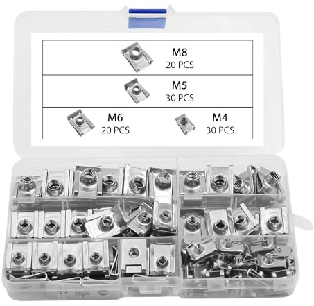 U-Typ Metall Clipmuttern - 100 Stück Metall Blechmuttern Befestigung Clips | U-Typ Blechmuttern Edelstahl M4 M5 M6 M8 mit Aufbewahrungsbox für reparieren in Türverkleidungen Dachverkleidungen