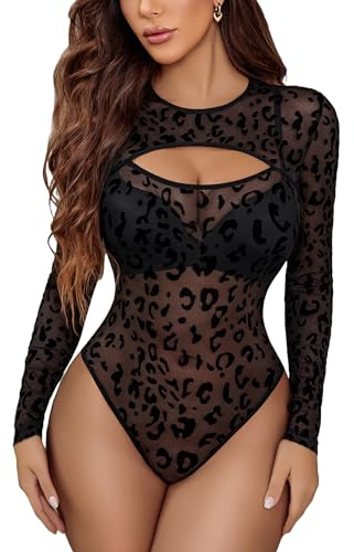 Avidlove Damen Sexy Body Mesh Top Langarm Oberteil Netz Festival Outfit | Mit Snap Crotch,Elegant Curvy,Transparent,Rundhals Design,Stilvoll Vielseitig,Mode-Mesh,Rave Party Club