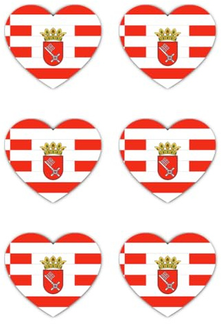 Aufkleber: 50 mm, 6 Stück - Herz-Aufkleber Bremen Flagge Wappen Vinyl 6er-Set 50mm wasserfest langlebig Deutschland Fan Deko