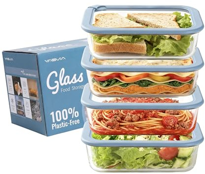 Yasvia Frischhaltedosen Set (4x640ml) Plastikfrei, Borosilikatglas Vorratsdosen, Silikondeckel, Luftdicht, Auslaufsicher, Mikrowelle, Backofen, Gefrier, Spülmaschinenfest, BPA-frei, Meal Prep Glas