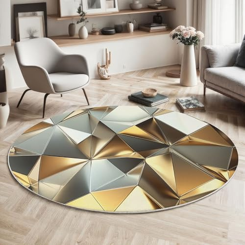 Teppich Rund 100cm Teppich Wohnzimmer Gold Waschbarer Luxusgeometrie Glänzendes Metall Teppiche Schlafzimmer Teppiche Kurzflor für Wohnzimmer Schlafzimmer Esszimmer