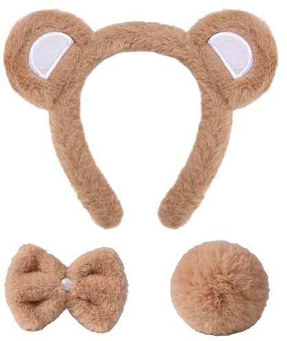 VelvetGlow Bandeau Oreilles d'Ours avec Queue Noeud Papillon Set Costume d'Ours Accessoire de Déguisement Cosplay pour Adultes Femmes