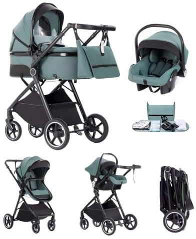Kakbgee 3 in 1 Kinderwagen mit Babyschale, Buggy 7-Höhenverstellbarer Griff | Faltbar Buggy, 4-Rad Federung, Regenschutz, Moskitonetz, Kombikinderwagen für Neugeborene 0-3 Jahre (15kg), Blau-Grün