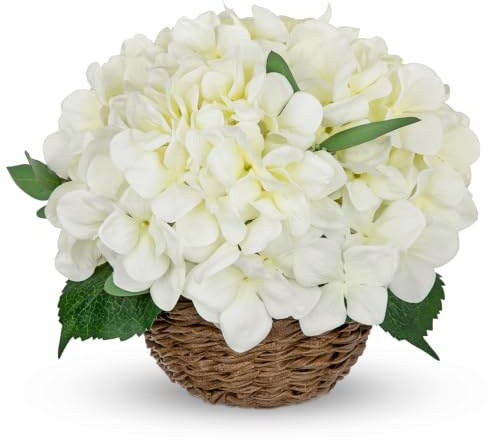 Arborus Hydrangea Artificial Flowers in Rustic Pot 25cm Real Touch Fake Hydrangea Flowers with Woven Basket Faux White Flower Arrangements for Farmhouse Front Porch Garden Stand Home Table Decor