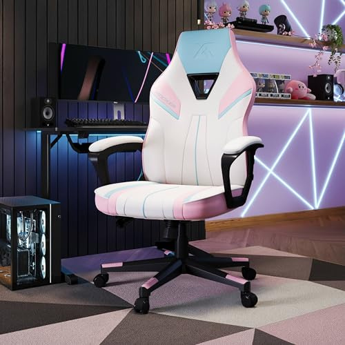 X-Rocker Tempest High Back Ergonomic Office Gaming Chair for Adults & Teens - Extra Wide Seat, Cushioned Armrest, Height Adjustable, Wipe-Clean Faux Leather - Bubblegum