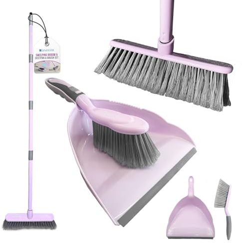 Indoor Broom and Dustpan and Brush Sets - Indoor Cleaning Soft Broom and Dustpan Set - Soft Bristles Hair Brush Floor Cleaner Set for Tiles Laminate Wood Carpet - Lilac