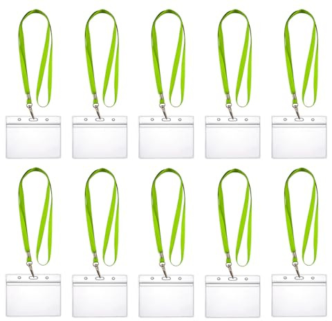 10x Lanyards Schlüsselbänder 1 cm breit mit 10x Ausweishüllen ZIP Kartenhalter flexibel & wasserdicht horizontal/vertikal für 1-2 Ausweise Karten Schutzhülle für Ausweise (10x Neongrün Horizontal)