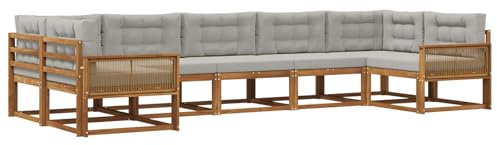 vidaXL Outdoor-Sofagarnitur mit Kissen 7 pcs Natürlich und Hellgrau, Modernes Ecksofa-Set, stylische Gartenlounge, Möbel für Terrasse, wetterfest am Pool