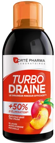 Forté Pharma - TurboDraine Thé Pêche | Draineur Minceur Efficace(1) +50% d'Elimination | Complément Alimentaire à base de Thé Vert | Délicieux Goût Thé Pêche | Flacon 500ml