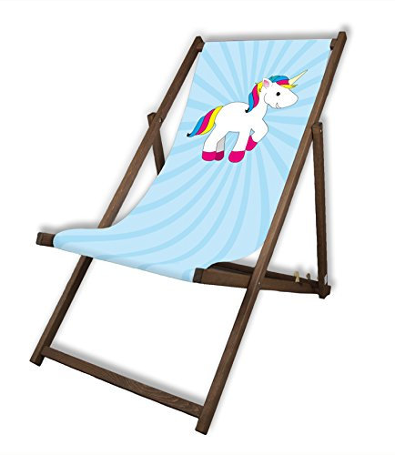 MultiBrands® Liegestuhl, Holz, ohne Armlehne, mit dunkler Lasur, klappbar, Einhorn blau