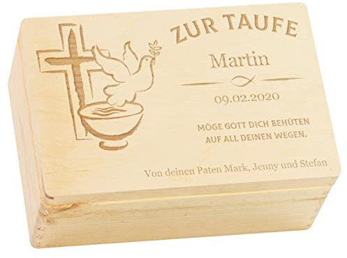 LAUBLUST Holzkiste mit Gravur - Personalisiert mit Name | Datum | WIDMUNG - Natur Größe M - Friedenstaube Motiv - Geschenkkiste zur Taufe - FSC®