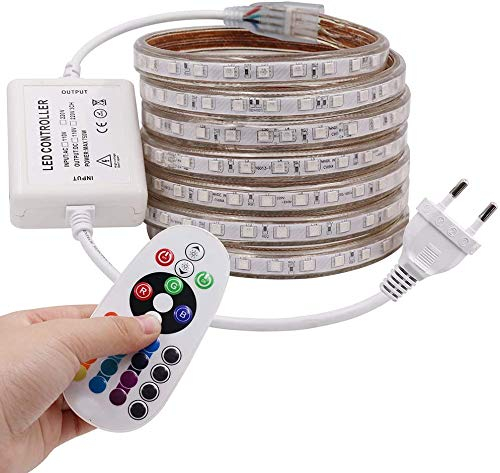 XUNATA 4M LED RGB Strip,AC 220V 230V IP65 Wasserdicht Mehrfarbig Ersetzen SMD 5050 60leds/m LED Lichtband mit 24 Tasten IR-Fernbedienung für Bar Decke Counter Cabinet Weihnachten Party Dekoration (4M)