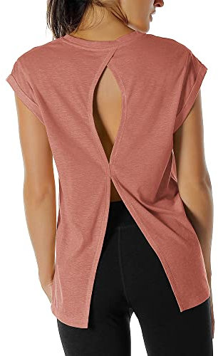 icyzone Damen Fitness-Trainings Kurzarm Shirt Yoga Top Loose Fit Rückenfrei Sport T-Shirt (XL, Dusty Pink)