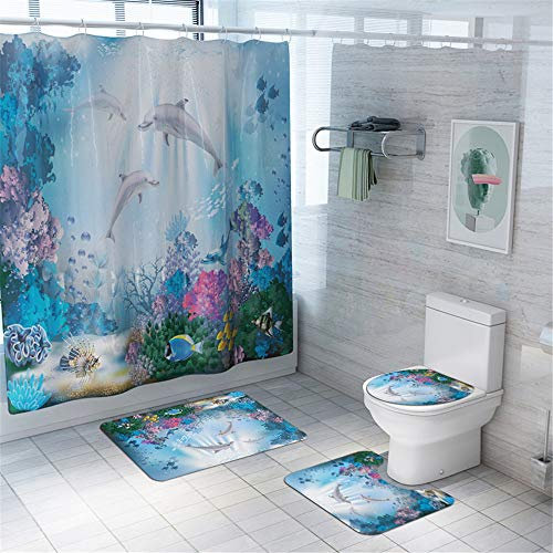 4-teiliges Badvorleger-Set Duschmatte + Kontur Matte + WC-Deckelbezug + Duschvorhang, Morbuy rutschfeste Badvorleger für Küche, Dusche und Toilette - Meerestier (Delfin)