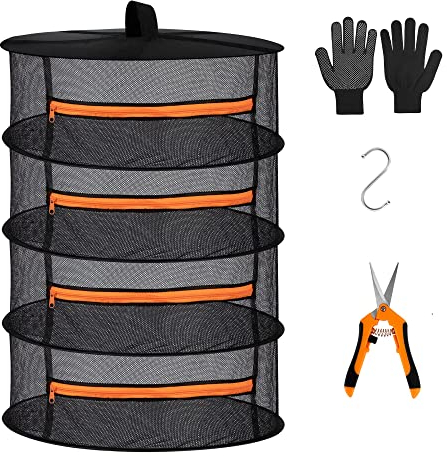 Desy & Feeci erba Essiccazione Netto, 4 strati Pieghevole Maglia Sospeso Asciutto Rack, Essiccatore di erb CON Cesoie, S-Hanging gancio e Borsa portaoggetti (D60xH80 cm)