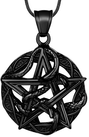 Pentagramm Wicca Anhänger Halskette - Herren Schlange Stern Satanic Amulett Glücksbringer Anhänger 316L Edelstahl Traditionelles Siegel von Solomon Schmuck für Männer schwarz Metall plattiert SP0054B