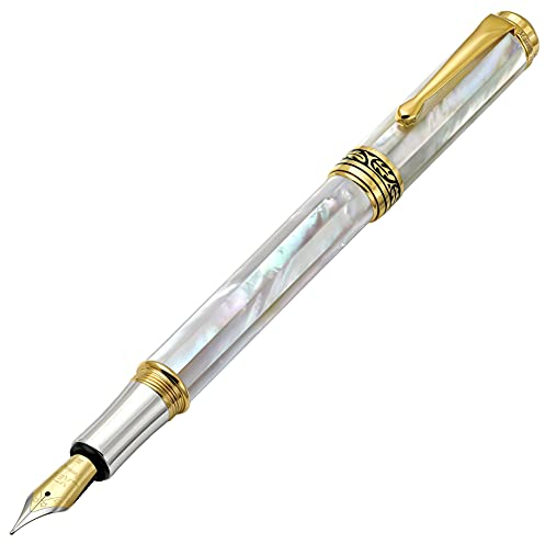 Xezo Maestro Medium Nib Fountain Pen, Oceanic Origin White Mother of Pearl with 18 Karat Gold and Pure Platinum Plating. Handcrafted, Limited Edition, and Serialized. No Two Alike
