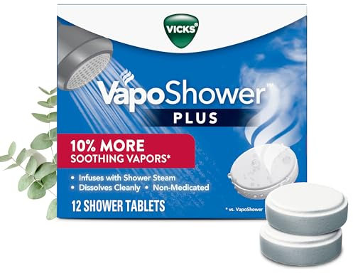 Vicks VapoShower Plus, Shower Bomb Tablets, Strong Soothing Non-Medicated Vapors Steam Aromatherapy with Eucalyptus and Menthol, Contains Essential Oils, 12 Tablets