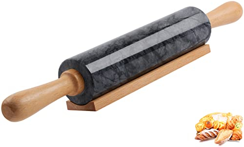 Rouleau à pâtisserie en marbre avec support en bois épais pour la pâtisserie, rouleau poli de qualité supérieure pour pâte à pizza, fondant, tarte, surface antiadhésive, facile à nettoyer (noir)