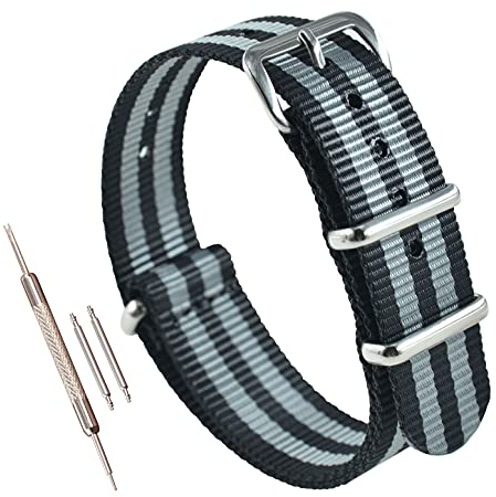 MZBUTIQ 15mm Schwarz/Grau Uhrenarmband Nylon Watch Strap Band Ersatz Polished Schnalle 4 Ringe