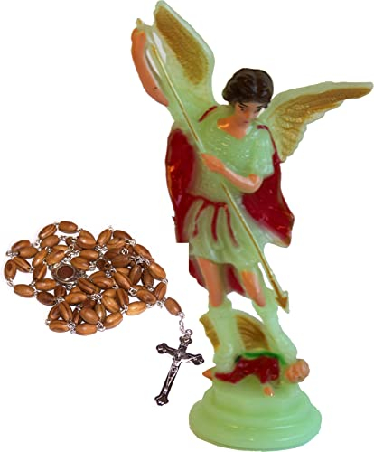 Holy Land Market Light in The Dark Saint Michael Statue mit Olivenholz Rosenkranz aus Bethlehem