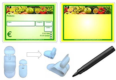 30 Portaprecios cartel porta precios etiquetas de precios plastificadon para frutas y verduras + 30 soportes + 1 marcador no tóxico (8,3x11,3 cm)