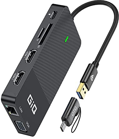 USB Docking Station Giq USB C HUB USB 3.0 to Dual HDMI VGA Adapter, Triple Screen USB C Laptop Docking Station, Dual Display Compatible with MacBook M1 USB Dock, Black