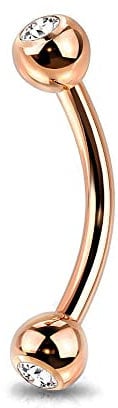 Jewel Barrel Crystal Curved Barbell Eyebrow Bar Piercing Jewellery Earring Daith Rook Anodized Steel 16G (1.2m) 6mm 8mm Length Silver Rose Gold Black with Double Jewelled CZ Balls (Rose Gold, 8)