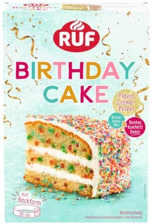 RUF Birthday Cake, Geburtstagskuchen, Schicht-Torte aus Rührteig und Konfetti-Streusel, Tortencreme und buntem Dekor-Mix, für Kindergeburtstag, Familienfeier, Einschulung, 1x425g