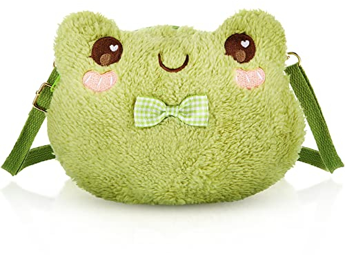Mixweer Umhängetasche, niedlicher Plüsch-Rucksack, Kawaii-Geldbörse, Mädchen, Cartoon-Tier-Lolita-Tasche mit Kettenriemen (Frosch)
