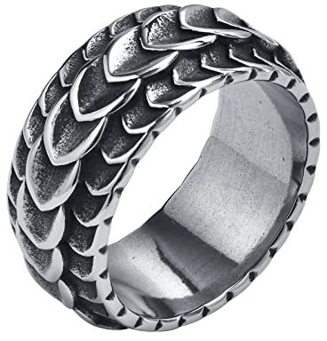 FLHEART Drachen Band Ring Herren - Edelstahl Antike Weinlese Gotisch Punk Ring, Cool Drache Schuppen Texturierter Wikinger Ring für Männer, Glücks Amulett Schmuck Geschenk,Größe 54 (17.2)