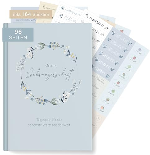 MINTKIND® Schwangerschaftstagebuch Meine Schwangerschaft A5 Blumen Blau + Sticker Set I Hardcover Tagebuch zum Eintragen I Geschenk für Schwangere & werdende Mütter Fotoalbum Baby Album Fotobuch