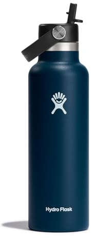 HYDRO FLASK – Gourde Isotherme 621 ml (21 oz) avec Bouchon Antifuite et Paille Intégrée - Bouteille Inox à Isolation sous vide - Ouverture Standard – Indigo