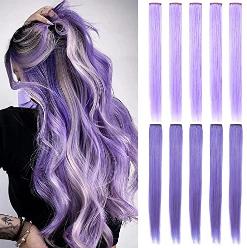 MOSCSMDY 10 Stück Haarverlängerungen für Mädchen Perücke Stücke Clip in farbigen Haarverlängerungen für Erwachsene Bunte Haarteile Party Highlights Mehrere Farben(Light purple Lavendel)
