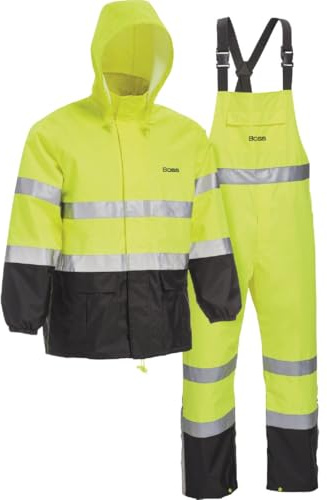 Boss High Visability ANSI Class III Rain Suit Jacket and Bib, High Visability, Water Resistant, Reflective 3M Tape, X-Large (B44530-XLB)