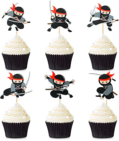 24 Stück Ninja Cupcake Toppers Ninja Muffin Dekoration Kampfsport Karate Kung Fu Krieger Kuchendekoration Ninja Thema Baby Shower Kinder Geburtstag Party Kuchen Dekorationen Zubehör
