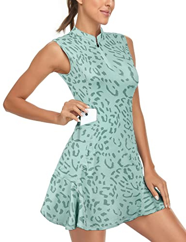 Tanst Sky Women's Golf Dress with Shorts Zip Up Quick Dry Sleeveless Pockets Tennis Workout Clothing, Golf Clothes Women, Leopard Green, M