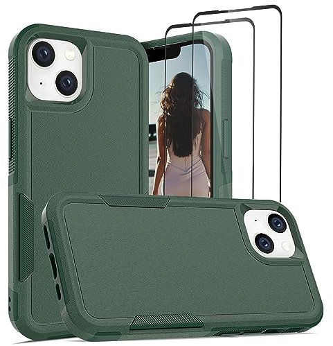 Jeylly for iPhone 13 Case with 2 Pack Tempered Glass Screen Protector, Full Body Heavy Duty Shockproof Drop Protection Slim Rugged Cover for iPhone 13 2021 (6.1-inch), Green