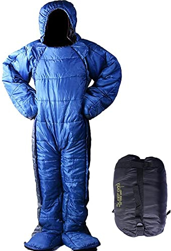 72 Large Wearable Human Sleeping Bag Zipped Foot Opening Design Free Size Ultralight Hoodie Quilted Warm Thermal Coat for Adults Winter or Outdoor 4 Season Camping