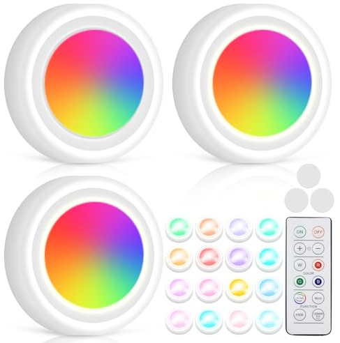 LED Spots RGB Batteriebetrieben mit Fernbedienung: 16 Farbwechsel Schrankbeleuchtung, Dimmbar Vitrinenbeleuchtung Kabellos LED Touch Lampe Timer und Memoryfunktion LED Spot Batterie zum Klebepads